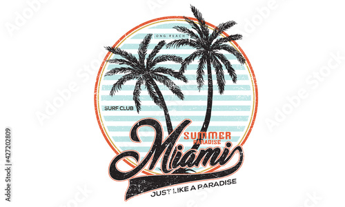 Miami beach surf club t-shirt design. summer paradise at the miami beach vector design.