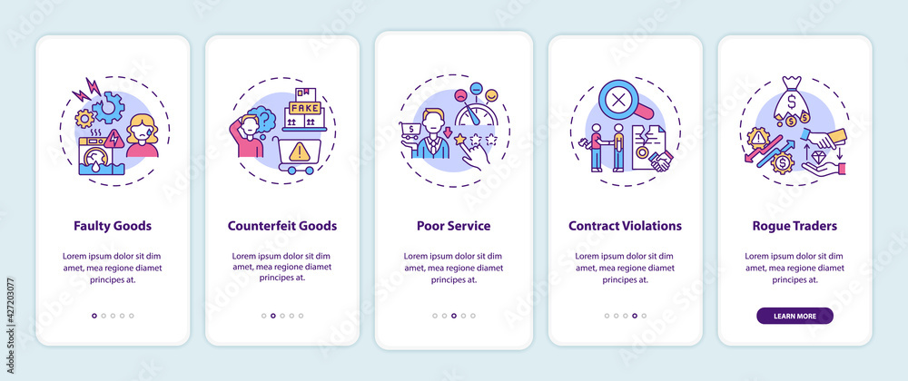Consumer rights violation claims onboarding mobile app page screen with concepts. Poor service walkthrough 5 steps graphic instructions. UI, UX, GUI vector template with linear color illustrations Consumer rights violation claims onboarding mobile app page screen with concepts. Poor service walkthrough 5 steps graphic instructions. UI, UX, GUI vector template with linear color illustrations