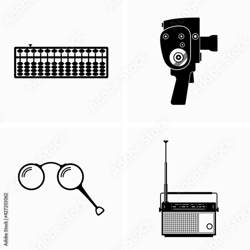 Set of old fashion objects, abacus, movie camera, pince-nez and radio set