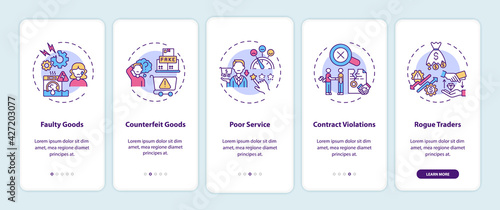 Consumer rights violation claims onboarding mobile app page screen with concepts. Poor service walkthrough 5 steps graphic instructions. UI, UX, GUI vector template with linear color illustrations