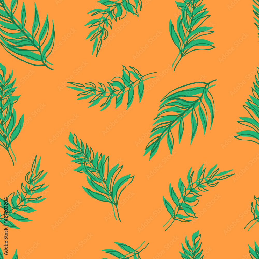 seamless pattern vector palm leaves green leaves and contours on background. For textiles, packaging, fabrics, wallpapers, backgrounds, invitations. Summer tropics hand illustration seamless pattern vector palm leaves green leaves and contours on background. For textiles, packaging, fabrics, wallpapers, backgrounds, invitations. Summer tropics hand illustration