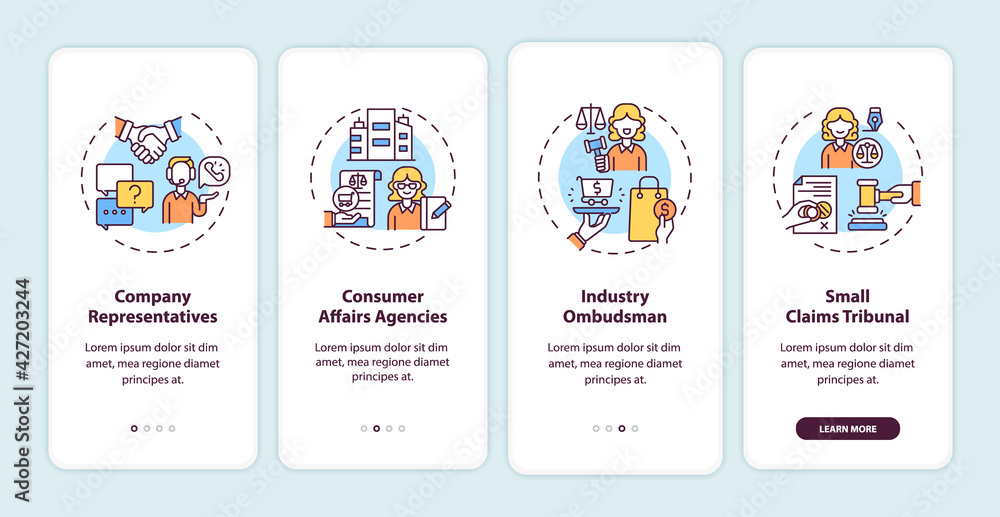 Consumer protection services onboarding mobile app page screen with concepts. Industry ombudsman walkthrough 4 steps graphic instructions. UI, UX, GUI vector template with linear color illustrations - obrazy, fototapety, plakaty 
