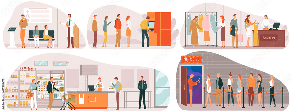 Line people store queue, set different situations shopping trip, customer at checkout, design cartoon style, vector illustration.