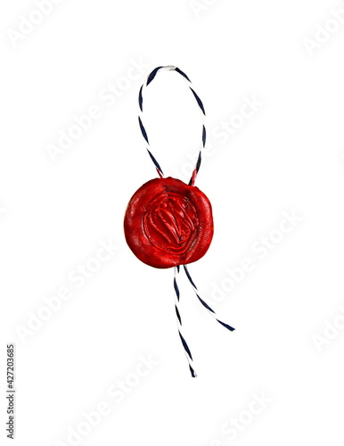 Red wax seal with rope isolated on white