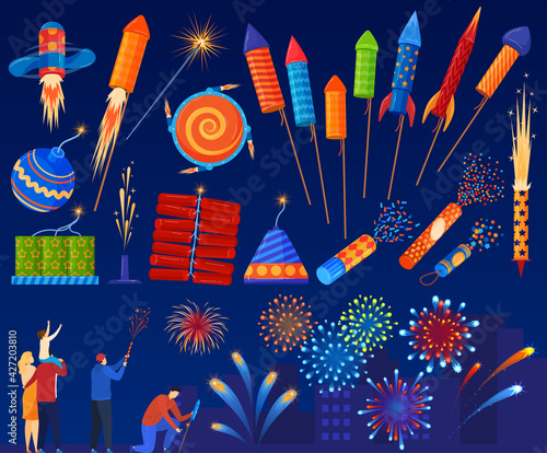Fireworks rocket set, festive mood in night city, bright multicolored explosion anniversary, cartoon style, vector illustration.