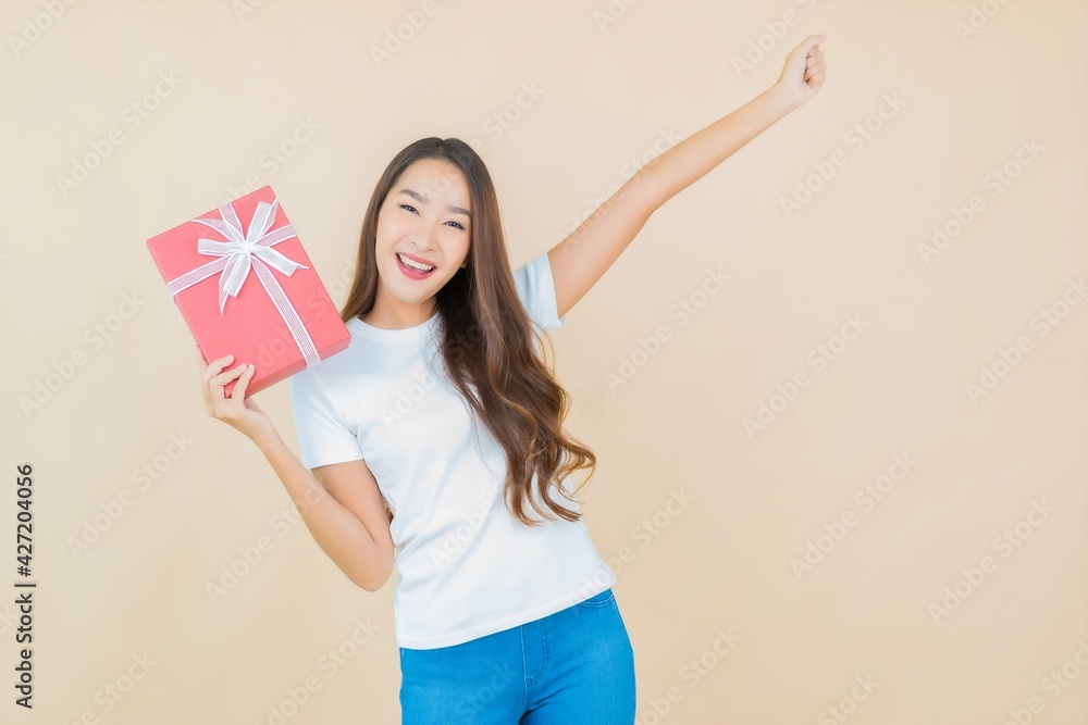 Portrait beautiful young asian woman with red gift box Portrait beautiful young asian woman with red gift box