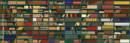 Vector background from books. Large bookshelf in the library. Flat color vector illustration.