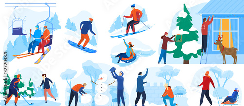 Skiing in winter, ice skating, playing snowballs outdoors, active season, cartoon style vector illustration, isolated on white.