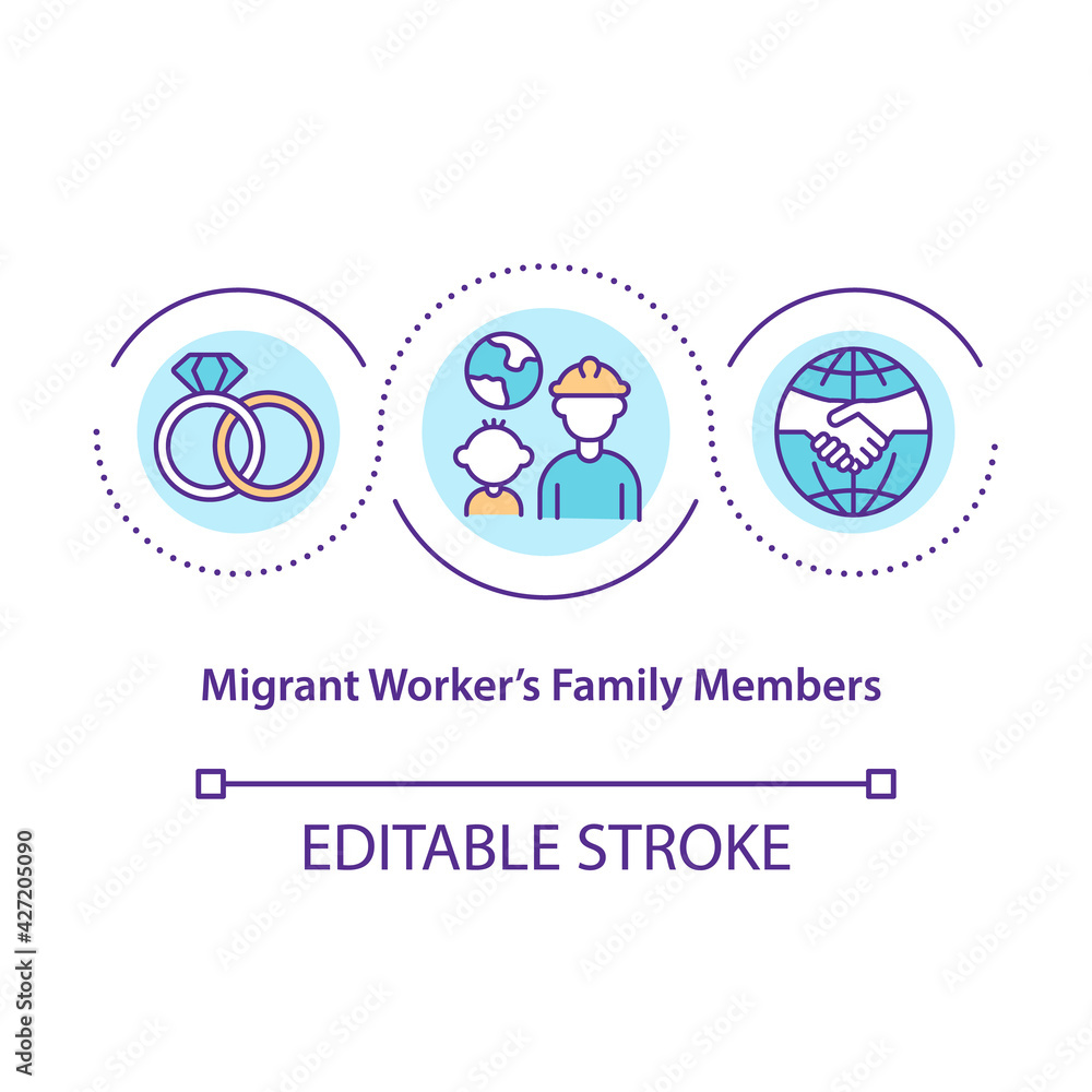 Migrant workers family members concept icon. People reunification. Immigrant employee rights idea thin line illustration. Vector isolated outline RGB color drawing. Editable stroke