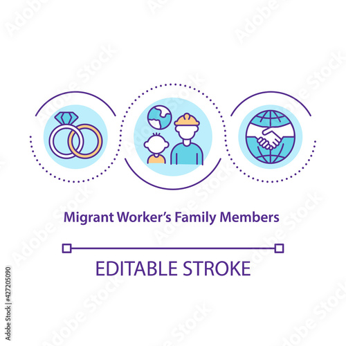 Migrant workers family members concept icon. People reunification. Immigrant employee rights idea thin line illustration. Vector isolated outline RGB color drawing. Editable stroke