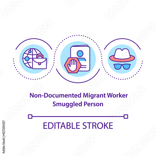 Non document migrant worker, smuggled person concept icon. Human trafficking. Illegal immigrant idea thin line illustration. Vector isolated outline RGB color drawing. Editable stroke