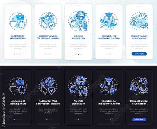 Migrant workers onboarding mobile app page screen with concepts. Immigrants rights walkthrough 5 steps graphic instructions. UI, UX, GUI vector template with linear night and day mode illustrations