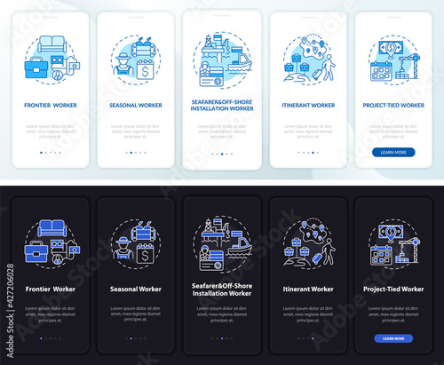 Immigrant workers types onboarding mobile app page screen with concepts. Migration walkthrough 5 steps graphic instructions. UI, UX, GUI vector template with linear night and day mode illustrations