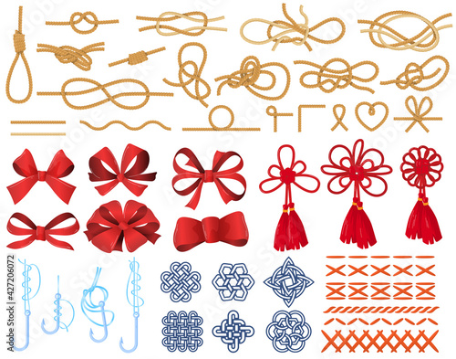 Various knots and couplings rope, celtic and chinese pattern, loop for hook, cartoon style vector illustration, isolated on white.