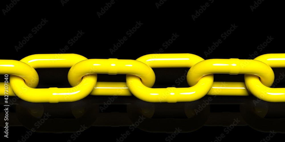 3D rendered chain concept: Horizontal composition with clipping path on black background.Individual yellow parts in connection. Togetherness and teamwork. 3D rendered chain concept: Horizontal composition with clipping path on black background.Individual yellow parts in connection. Togetherness and teamwork.