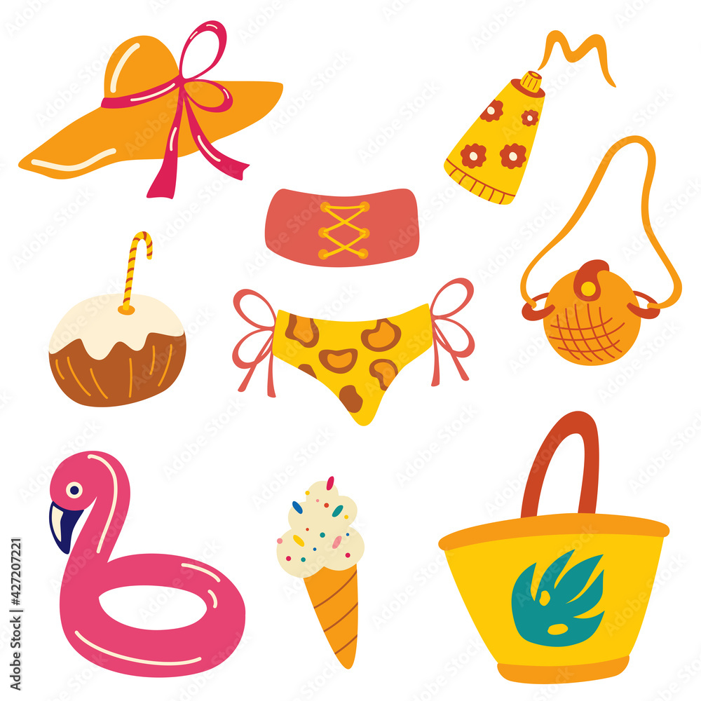 Vector summer items. Women's beach elements. Summer сlothes, bag, hat, sun cream, cosmetic bag, swimsuit, ice cream, inflatable circle. Flat illustration. Vector summer items. Women's beach elements. Summer сlothes, bag, hat, sun cream, cosmetic bag, swimsuit, ice cream, inflatable circle. Flat illustration.