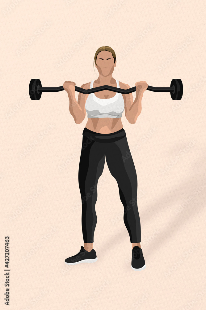 Obraz premium Weightlifting woman with barbell workout in minimal style