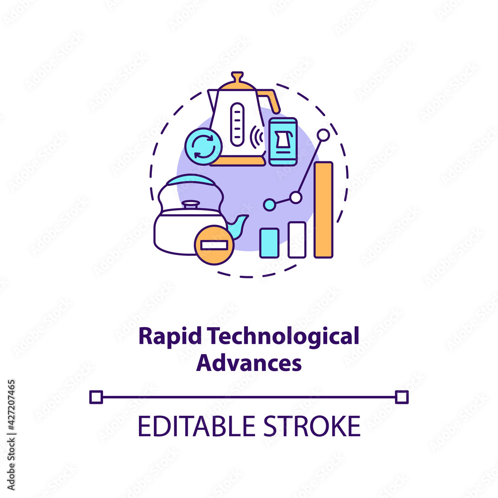 Rapid technological advances concept icon. E-waste management challenge idea thin line illustration. Electric and electronic products risks. Vector isolated outline RGB color drawing. Editable stroke