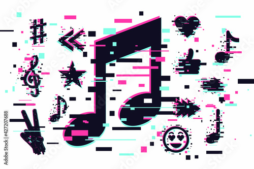 Music background. Vector musical sign. Modern sound concept, trendy illustration. Glitch style banner with neon colors. Party design.