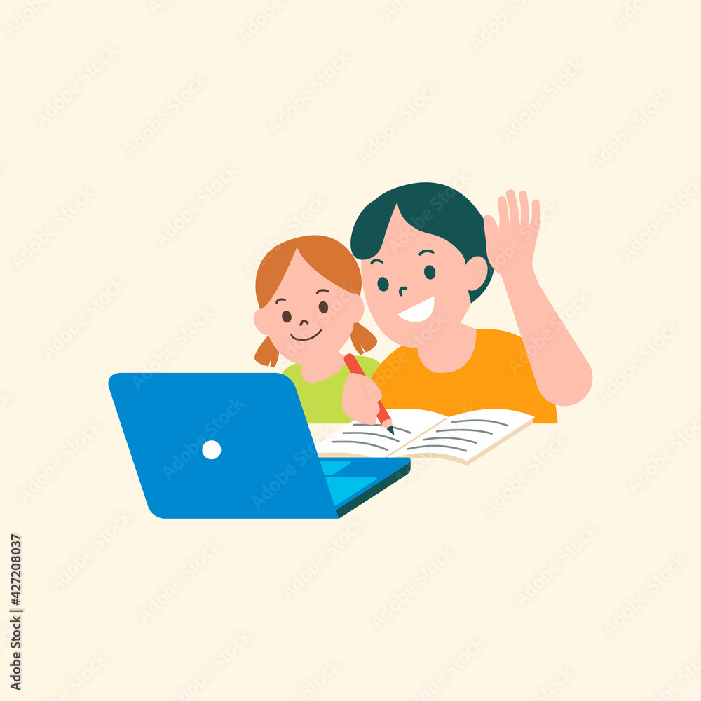 Children studying online class flat graphic Children studying online class flat graphic