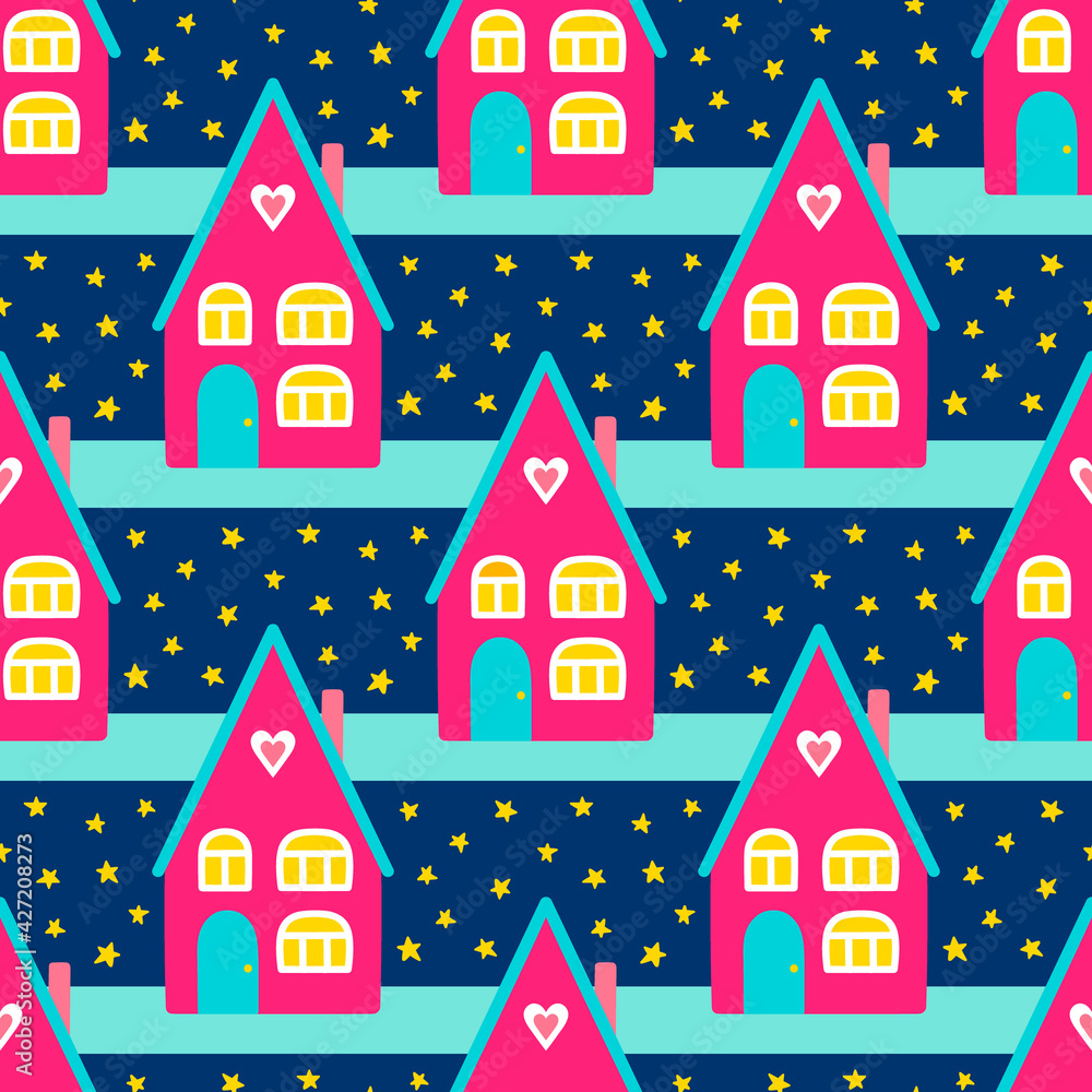 Vector seamless pattern with pink houses and yellow stars. Bright night background for textile, wrapping, scrapbooking. Cute home with heart.