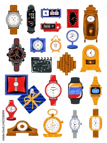 Set clocks different types for determining time, digital modern clock, design cartoon style vector illustration, isolated on white