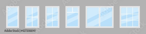 Glass window. Icon of plastic windowpane with frame for house and office. Double windows for balcony. Hung glass for architecture or exterior. wooden frame with windowpane for building. Vector photo