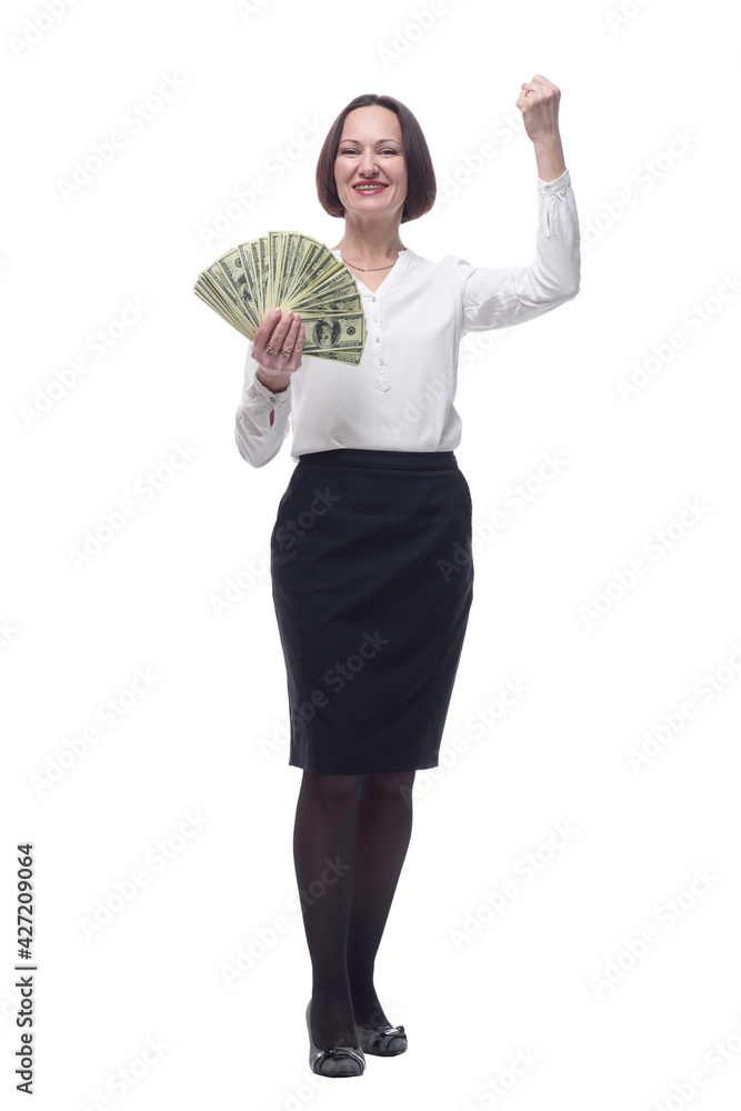 confident business woman showing a fan of banknotes. confident business woman showing a fan of banknotes.