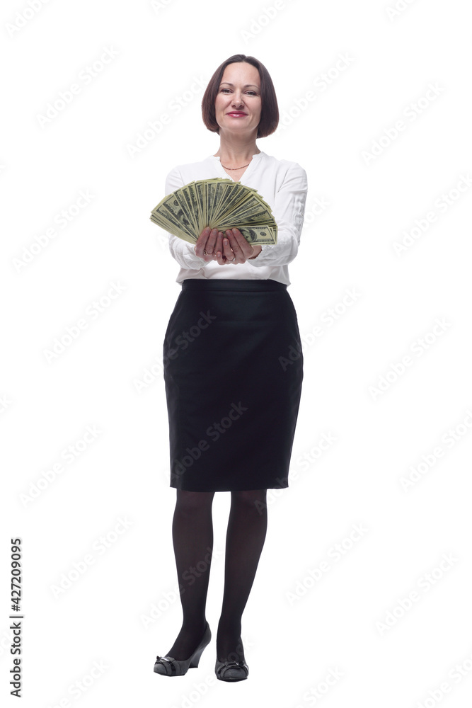 confident business woman showing a fan of banknotes. confident business woman showing a fan of banknotes.