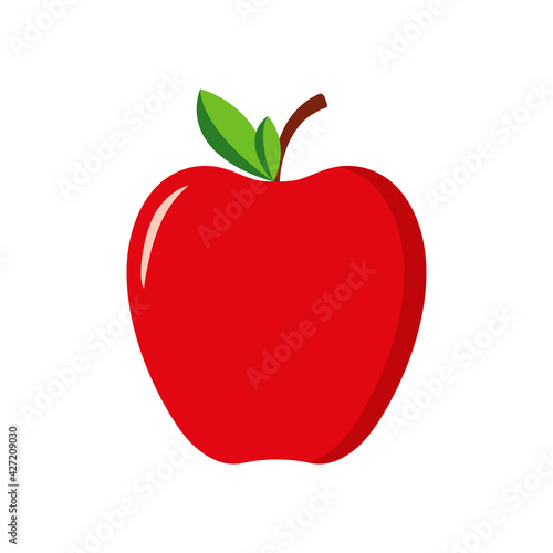 Red apple with green leaf. Icon of fruit apple. Cartoon logo isolated on white background. Symbol of healthy nutrition. Icon for teacher, school, education. Stylized silhouette for juice. Vector.