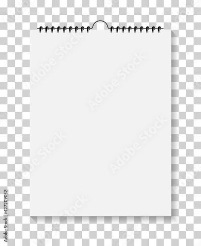 Notepad with spiral bound. Wall calendar. Mockup of sketchbook isolated on transparent background. Notebook with paper pages for note. A4, A5 notepaper with binder. Organizer with cover. Vector