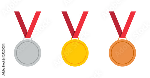 Gold, bronze and silver medal with ribbon. Icon of award. Gold medal for 1st place in olympic games. Prize for winner. Golden award for sport in flat style. Badge for victory and ceremony. Vector