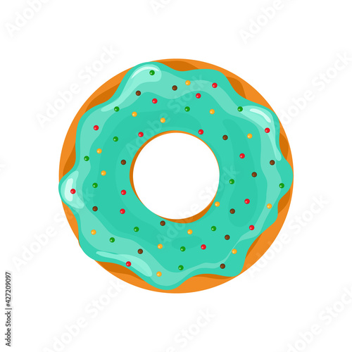 Donut and cupcake. Doughnut with blue glazed. Sweet cake for dessert. Cartoon icon of donut with icing isolated on white background. Single round doughnut. Ring of cupcake. Vector