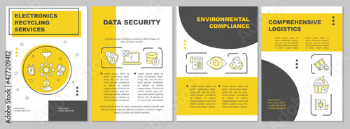 E-recycling services brochure template. Compliance, logistics. Flyer, booklet, leaflet print, cover design with linear icons. Vector layouts for presentation, annual reports, advertisement pages