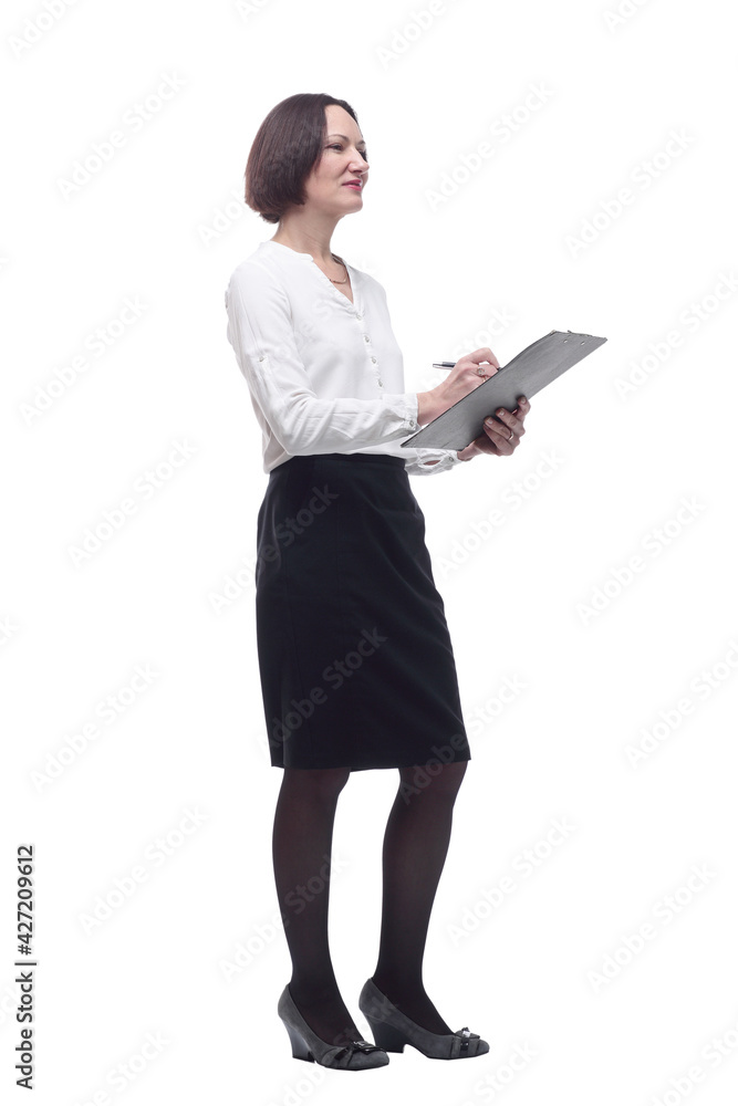 business woman writing something in a clipboard . business woman writing something in a clipboard .
