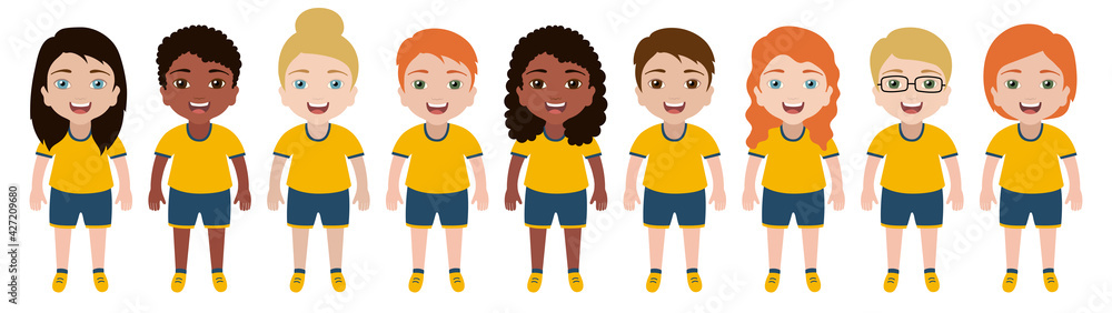 Children sports team in uniform. Kids faces. Smiling school boys and girls set. Isolated vector illustration. Multiethnic people. Cartoon avatars collection. Young teenagers female and male Children sports team in uniform. Kids faces. Smiling school boys and girls set. Isolated vector illustration. Multiethnic people. Cartoon avatars collection. Young teenagers female and male
