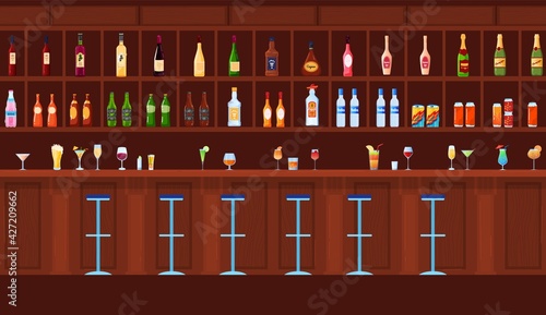 Bar counter, drink cocktail, alcohol glass, vacation interior, wooden background, design, flat style vector illustration.