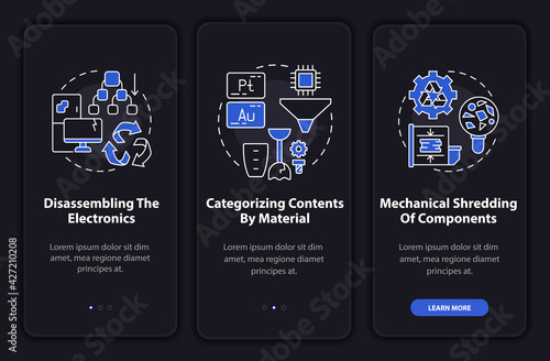 E-scrap utilization onboarding mobile app page screen with concepts. Electronic disassembling walkthrough 3 steps graphic instructions. UI, UX, GUI vector template with linear night mode illustrations