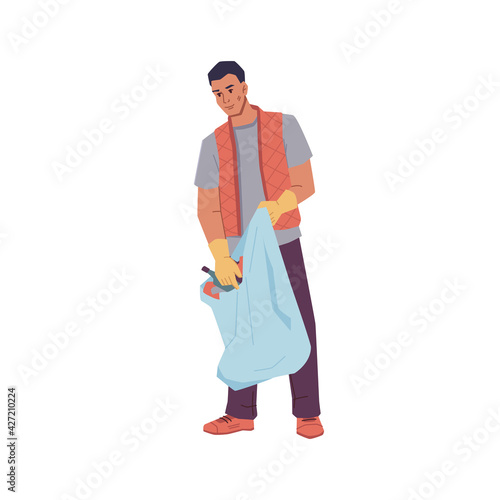 Volunteer man gathering trash into bag isolated flat cartoon character. Vector male activist in rubber gloves help to protect environment, pick garbage into sack. Ecologist clean globe, hobby activity