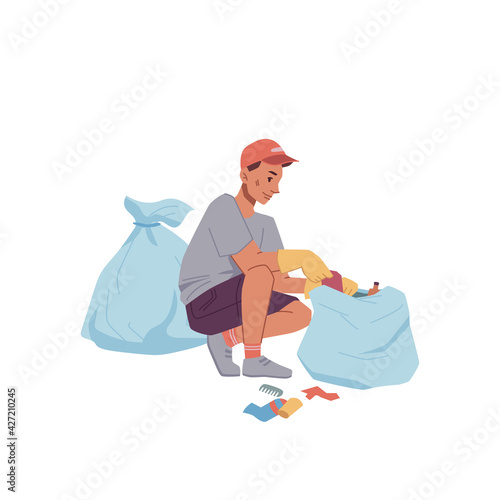 Man in rubber gloves collect litter into bags isolated flat cartoon. Vector ecologist clean globe, hobby activity to protect environment. Male activist in rubber gloves help to pick garbage into sack