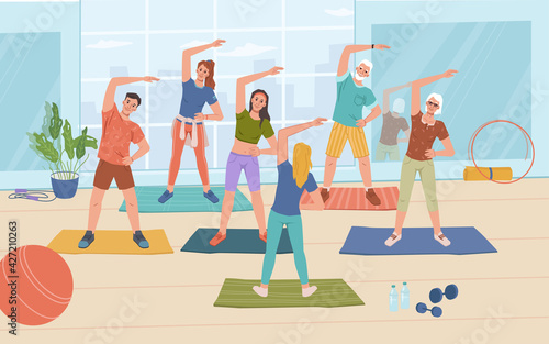 Fitness yoga classes in gym, healthy man and woman standing on mats and doing sport exercises, flat cartoon characters. Vector sportive people training together with instructor or trainer, workout