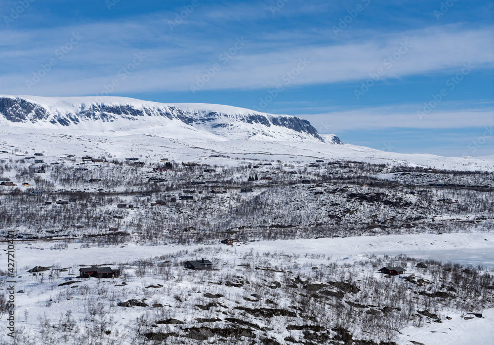 View of the frozen lake Sløddfjorden near the village of Haugastøl, in the municipality of Hol, Viken County, Norway