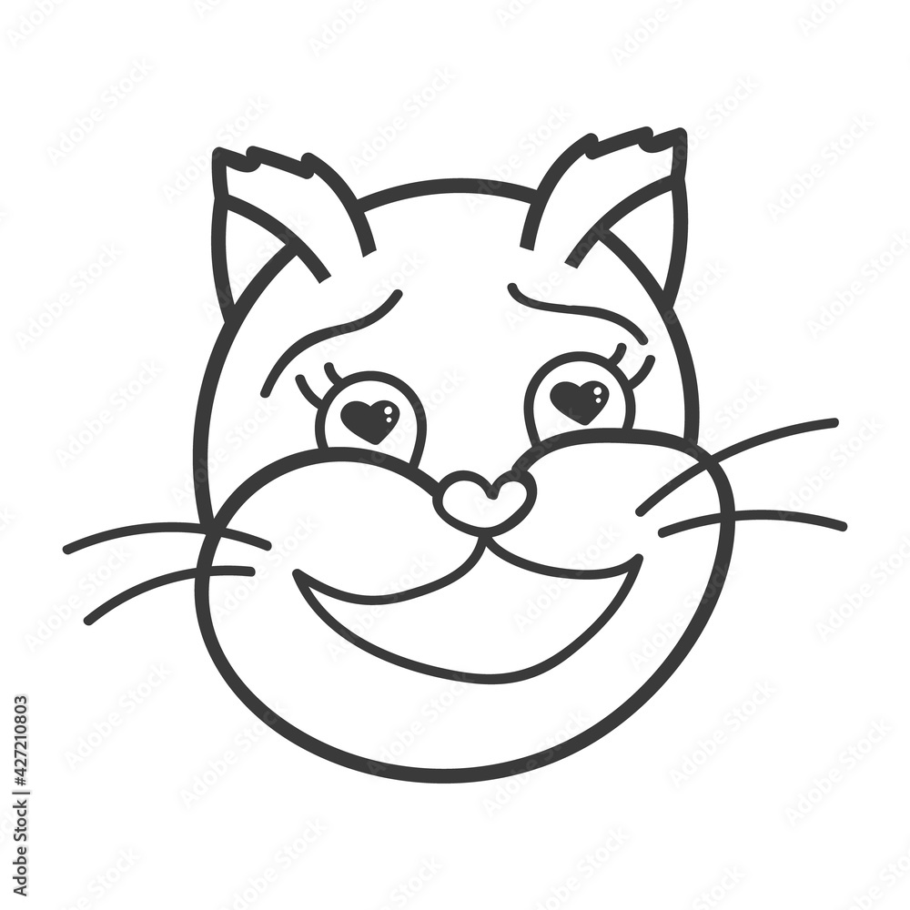 Funny and cute fluffy cat face close up with laughing emotion. Trendy stylized clipart with hand drawn vector outline. Suitable for stickers, scrap elements, social media. Illustration isolated.