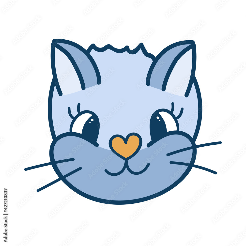 Obraz premium Funny and cute fluffy cat face close up with happy emotion in blue colors. Trendy stylized clipart with hand drawn vector outline. Suitable for stickers, scrap elements, social media. Isolated.