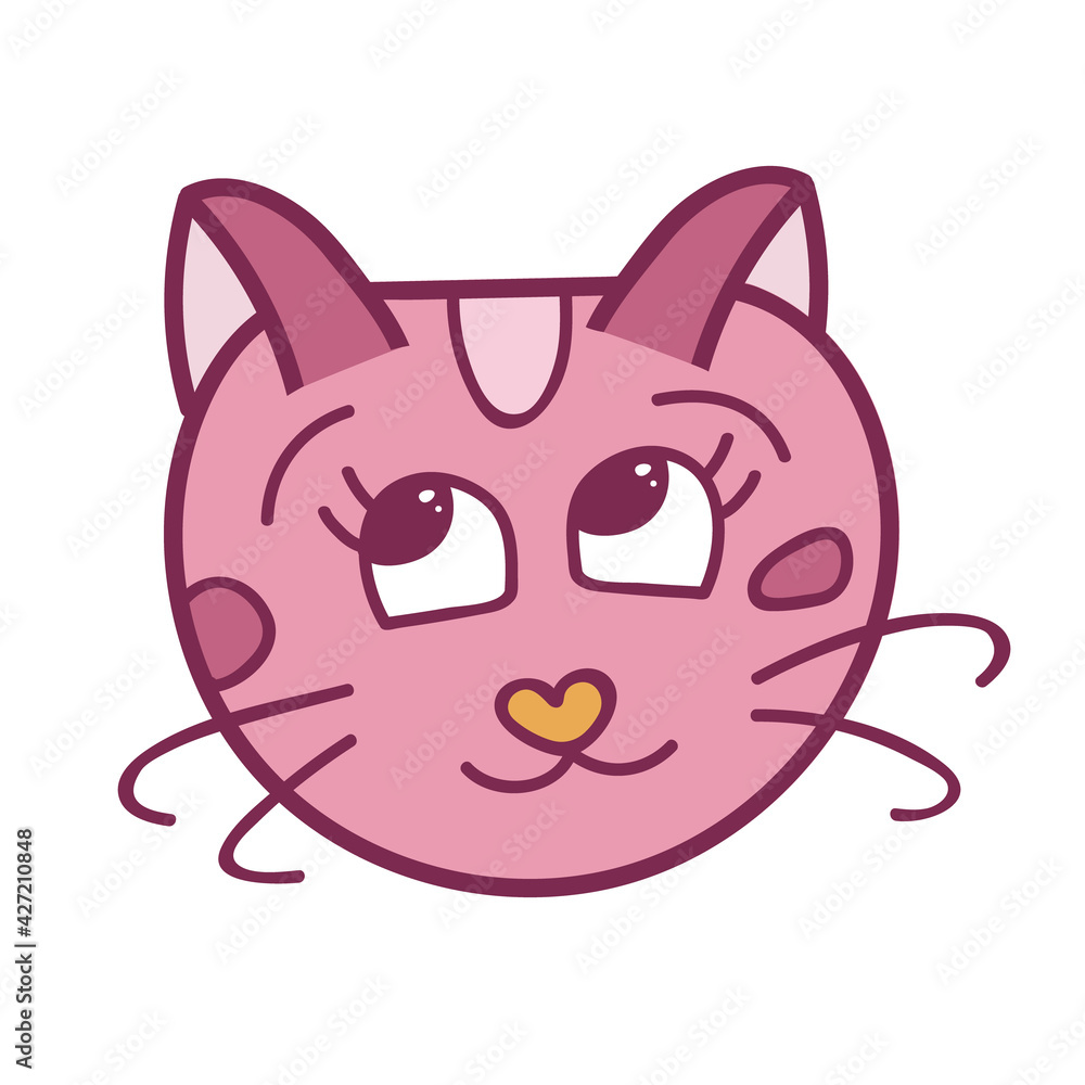 Funny and cute fluffy cat face close up with embarrassed emotion in pink colors. Trendy stylized clipart with hand drawn vector outline. Suitable for stickers, scrap elements, social media. Isolated. Funny and cute fluffy cat face close up with embarrassed emotion in pink colors. Trendy stylized clipart with hand drawn vector outline. Suitable for stickers, scrap elements, social media. Isolated.