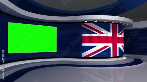 TV studio. United Kingdom. Great Britain. Britich flag studio. UK flag background. News studio. Backdrop for any green screen or chroma key video or photo production. 3d render. 3d
 photo