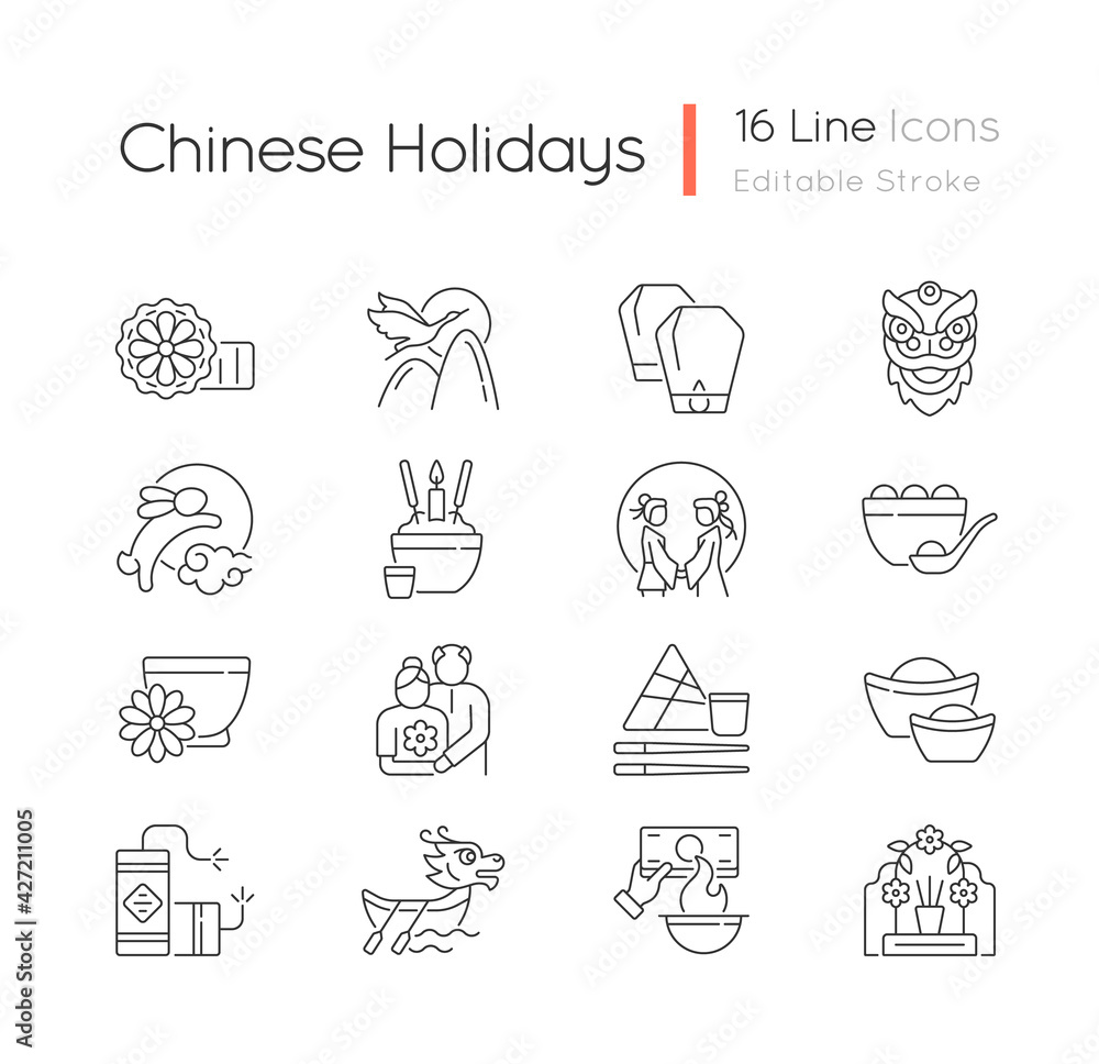 Chinese holidays linear icons set. Mooncakes. Red-crowned crane. Chinese new year. Lantern festival. Customizable thin line contour symbols. Isolated vector outline illustrations. Editable stroke Chinese holidays linear icons set. Mooncakes. Red-crowned crane. Chinese new year. Lantern festival. Customizable thin line contour symbols. Isolated vector outline illustrations. Editable stroke