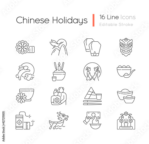 Chinese holidays linear icons set. Mooncakes. Red-crowned crane. Chinese new year. Lantern festival. Customizable thin line contour symbols. Isolated vector outline illustrations. Editable stroke