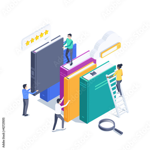 isometric vector illustration isolated on white background, people with books, cloud library, study online