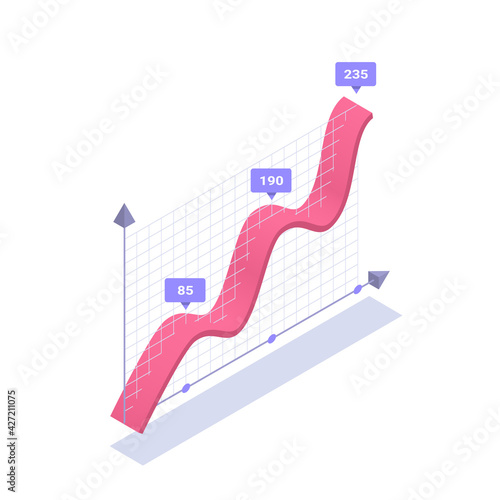 isometric vector illustration isolated on white background, ribbon chart over grid with vectors, infographic element